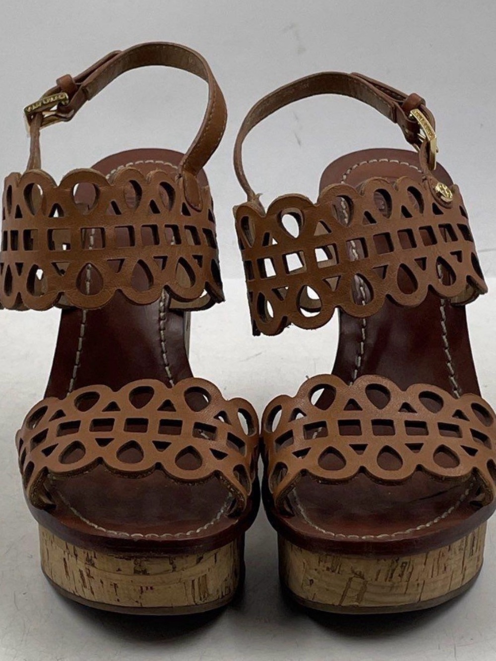 Tory Burch Nori Brown Laser-Cut Cork Wedge Sandals Sz 5